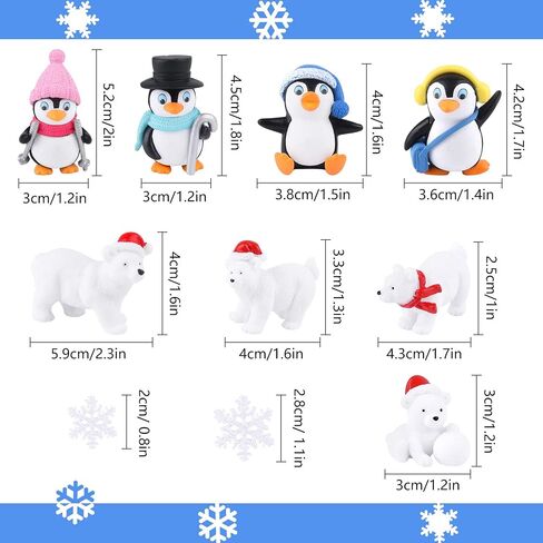 FEPITO 12 Pcs Winter Resin Penguin Polar Bear Snowflakes Miniature Figurine Mini Christmas Figures for DIY Garden Home Decor Christmas Ornaments in Saudi Arabia