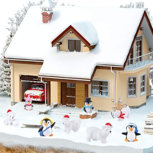 FEPITO 12 Pcs Winter Resin Penguin Polar Bear Snowflakes Miniature Figurine Mini Christmas Figures for DIY Garden Home Decor Christmas Ornaments in Saudi Arabia