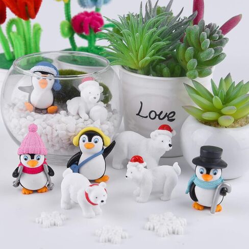 FEPITO 12 Pcs Winter Resin Penguin Polar Bear Snowflakes Miniature Figurine Mini Christmas Figures for DIY Garden Home Decor Christmas Ornaments in Saudi Arabia