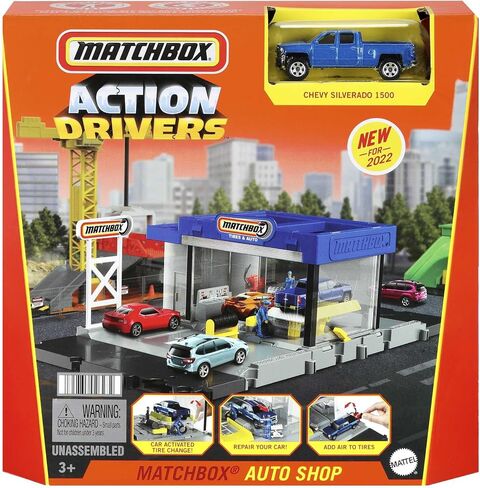 Matchbox Action Drivers Matchbox Auto Shop Playset with 1 Matchbox Chevy Silverado, Moving Parts & Figures, Toy for Kids 3 Years Old & Up in Saudi Arabia