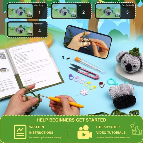 طقم كروشيه للمبتدئين، طقم كروشيه مع دروس فيديو خطوة بخطوة، طقم حياكة للمبتدئين، تعلم عدة كروشيه للمبتدئين، طقم 4 قطع حيوانات أميجورومي كروشيه، يشمل خيوط الكروشيه، الخطاف، الإبر in Kuwait