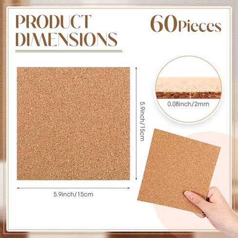 Chunful 60 Pcs Self Adhesive Cork Squares 6" x 6" Cork Backing Sheets for Coasters DIY Ceramic Tiles, Mat, Mini Wall Board, 2 mm Thick in Saudi Arabia