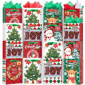 Christmas Gift Bags Bulk 24pcs with Tissue Paper Gift Tags Sturdy Reusable Christmas Bags for Presents Holiday Gift Wrap Ribbon Handles Xmas Goodie Bags for Decoration Party Favor(8.5"x6.5"x3.6") in Kuwait