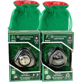DIAL and EQUA Hanayama Metal Puzzles with 2 Green Velveteen/Red Satin Lined Drawstring Pouches, Bundled in Kuwait
