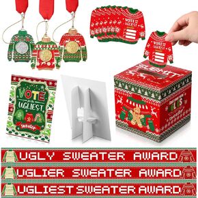 Cholemy 68 Pcs Christmas Ugly Sweater Party Voting Cards with Ugly Sweater Contest Ballot Box 60 Voting Cards 3 Medal Awards 3 Sweater Award Sashes 1 Table Sign for Holiday Xmas Party Game Supplies in Saudi Arabia