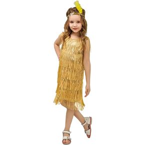 ODOLDI 20s Flapper Dresses for Girls Gatsby Tassel Fringe Dress with Feather Headband Kids 1920s Flapper Costume in Kuwait