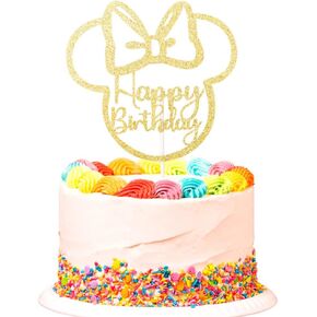 Mouse Inspired Happy Birthday Cake Topper, Cartoon Mouse Themed Birthday Party Decorations, Gold Glitter