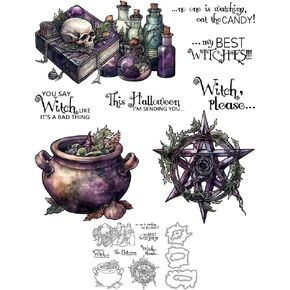 مجموعة طوابع شفافة على شكل جمجمة سحرية كيميائية وساحرة عيد الهالوين السعيدة وقطع معدنية مع صندوق مغلف بلاستيكي لصنع البطاقات DIY ديكور الهالوين وبطاقات الألبومات ومستلزمات سجل القصاصات in Kuwait