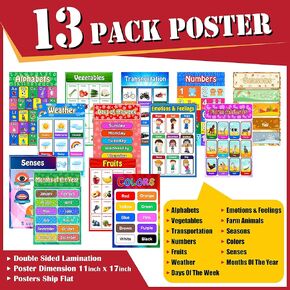STEM APPROVED Educational Posters for Toddlers , Pack of 13 Large Laminated (11 X 17) Bulletin Board School Supplies Educational Preschool Posters Learning Classroom Posters for Homeschool and Kindergarten I Alphabet Posters Numbers Colors Senses Emotion  in Kuwait
