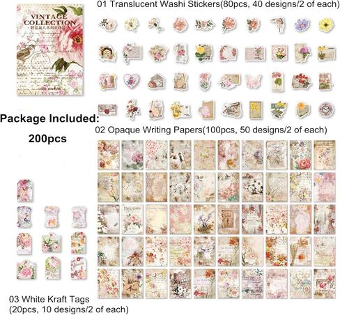 200PCS Vintage Scrapbooking Supplies Pack, Aesthetic Scrapbook Sticker Paper Art Journaling Kit for Junk Journals,Planner,Cottagecore Decor Gifts (Pink Retro Collection) in Kuwait