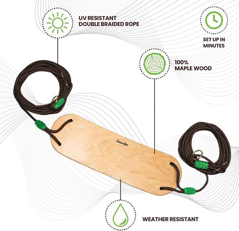 Swurfer Tree Swing, Swing Sets for Backyard, Outdoor Swing - Swingset Outdoor for Kids, Easy Installation, Maple Wood Swing, Heavy Duty Braided Rope, Weather Resistant, Up to 150lbs, Age 4 and Up in Saudi Arabia