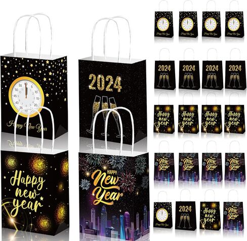 مجموعة من 24 حقيبة هدايا Happy New Year، حقيبة هدايا ورقية بمقبض، من أجل مستلزمات حفلات NYE لعام 2024، ذهبي أسود، 6.3 بوصة × 3.1 بوصة × 8.3 بوصة in Saudi Arabia