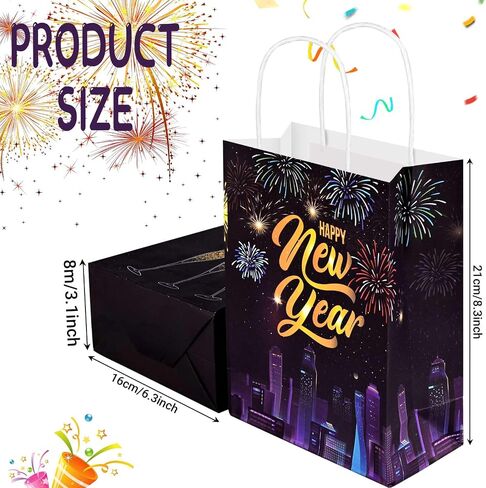 مجموعة من 24 حقيبة هدايا Happy New Year، حقيبة هدايا ورقية بمقبض، من أجل مستلزمات حفلات NYE لعام 2024، ذهبي أسود، 6.3 بوصة × 3.1 بوصة × 8.3 بوصة in Saudi Arabia
