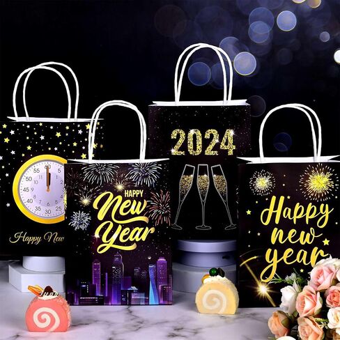 مجموعة من 24 حقيبة هدايا Happy New Year، حقيبة هدايا ورقية بمقبض، من أجل مستلزمات حفلات NYE لعام 2024، ذهبي أسود، 6.3 بوصة × 3.1 بوصة × 8.3 بوصة in Saudi Arabia