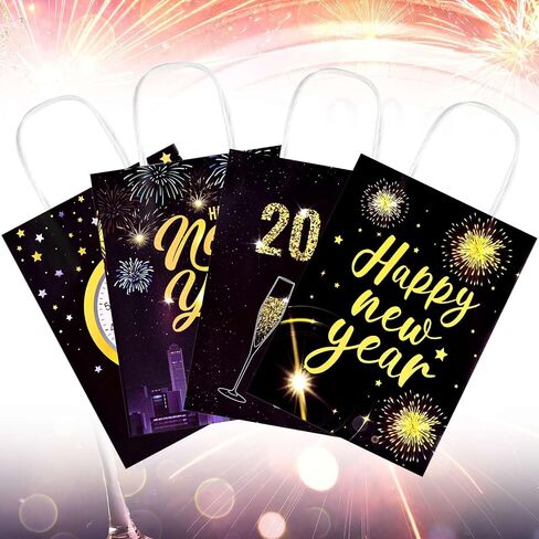 مجموعة من 24 حقيبة هدايا Happy New Year، حقيبة هدايا ورقية بمقبض، من أجل مستلزمات حفلات NYE لعام 2024، ذهبي أسود، 6.3 بوصة × 3.1 بوصة × 8.3 بوصة in Saudi Arabia