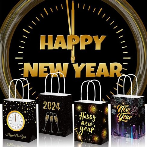 مجموعة من 24 حقيبة هدايا Happy New Year، حقيبة هدايا ورقية بمقبض، من أجل مستلزمات حفلات NYE لعام 2024، ذهبي أسود، 6.3 بوصة × 3.1 بوصة × 8.3 بوصة in Saudi Arabia