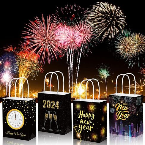 مجموعة من 24 حقيبة هدايا Happy New Year، حقيبة هدايا ورقية بمقبض، من أجل مستلزمات حفلات NYE لعام 2024، ذهبي أسود، 6.3 بوصة × 3.1 بوصة × 8.3 بوصة in Saudi Arabia