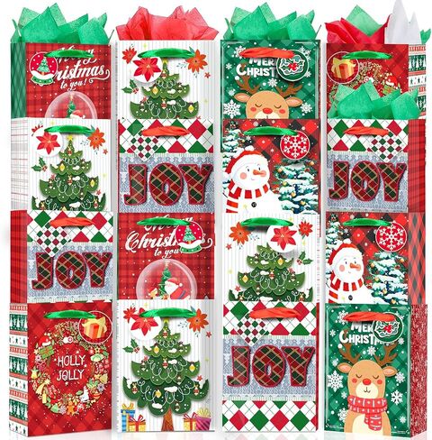 Christmas Gift Bags Bulk 24pcs with Tissue Paper Gift Tags Sturdy Reusable Christmas Bags for Presents Holiday Gift Wrap Ribbon Handles Xmas Goodie Bags for Decoration Party Favor(8.5"x6.5"x3.6") in Kuwait
