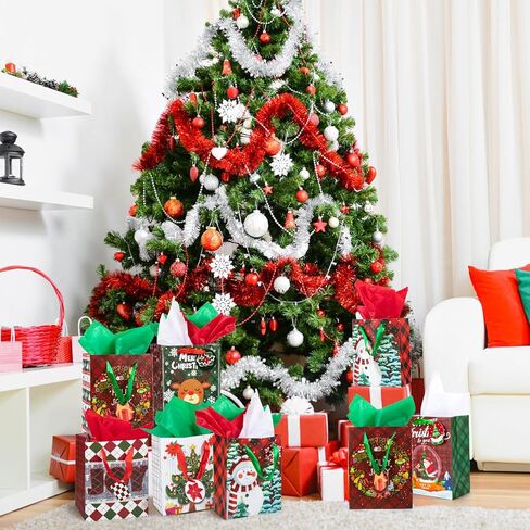 Christmas Gift Bags Bulk 24pcs with Tissue Paper Gift Tags Sturdy Reusable Christmas Bags for Presents Holiday Gift Wrap Ribbon Handles Xmas Goodie Bags for Decoration Party Favor(8.5"x6.5"x3.6") in Kuwait
