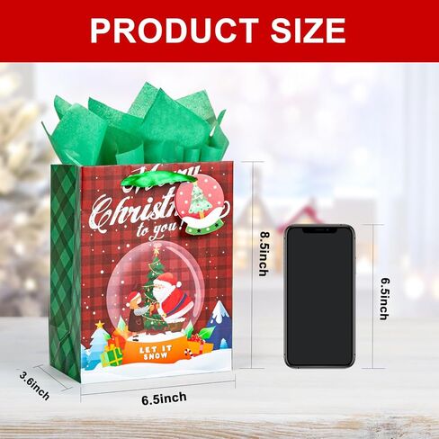 Christmas Gift Bags Bulk 24pcs with Tissue Paper Gift Tags Sturdy Reusable Christmas Bags for Presents Holiday Gift Wrap Ribbon Handles Xmas Goodie Bags for Decoration Party Favor(8.5"x6.5"x3.6") in Kuwait