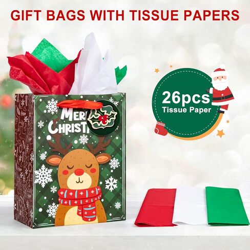 Christmas Gift Bags Bulk 24pcs with Tissue Paper Gift Tags Sturdy Reusable Christmas Bags for Presents Holiday Gift Wrap Ribbon Handles Xmas Goodie Bags for Decoration Party Favor(8.5"x6.5"x3.6") in Kuwait