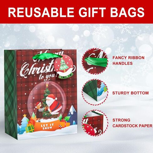 Christmas Gift Bags Bulk 24pcs with Tissue Paper Gift Tags Sturdy Reusable Christmas Bags for Presents Holiday Gift Wrap Ribbon Handles Xmas Goodie Bags for Decoration Party Favor(8.5"x6.5"x3.6") in Kuwait