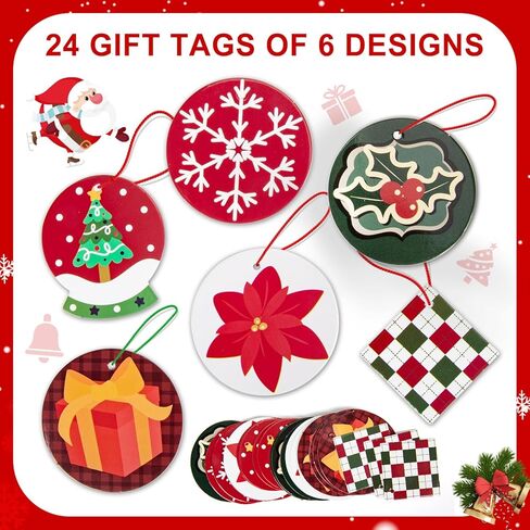 Christmas Gift Bags Bulk 24pcs with Tissue Paper Gift Tags Sturdy Reusable Christmas Bags for Presents Holiday Gift Wrap Ribbon Handles Xmas Goodie Bags for Decoration Party Favor(8.5"x6.5"x3.6") in Kuwait