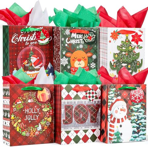 Christmas Gift Bags Bulk 24pcs with Tissue Paper Gift Tags Sturdy Reusable Christmas Bags for Presents Holiday Gift Wrap Ribbon Handles Xmas Goodie Bags for Decoration Party Favor(8.5"x6.5"x3.6") in Kuwait