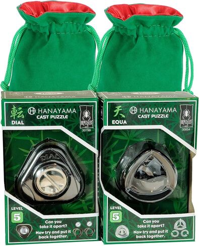 DIAL and EQUA Hanayama Metal Puzzles with 2 Green Velveteen/Red Satin Lined Drawstring Pouches, Bundled in Kuwait