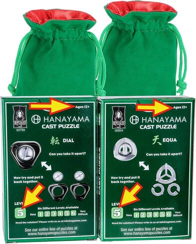 DIAL and EQUA Hanayama Metal Puzzles with 2 Green Velveteen/Red Satin Lined Drawstring Pouches, Bundled in Kuwait