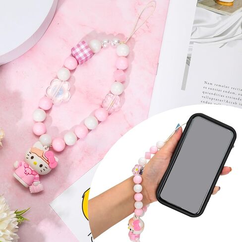 Kumarie Kitty Bead Lanyard Strap - Bead Phone Charms with Kitty Pendant - Hand Wrist Kitty Phone Accessories, Strap Girls Style Fixed Beads Pearl Neck Lanyards in Kuwait