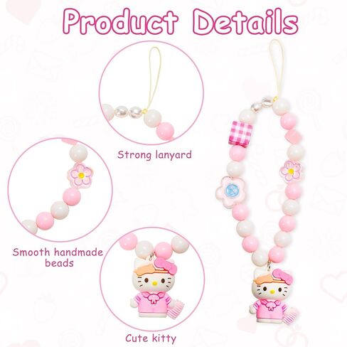 Kumarie Kitty Bead Lanyard Strap - Bead Phone Charms with Kitty Pendant - Hand Wrist Kitty Phone Accessories, Strap Girls Style Fixed Beads Pearl Neck Lanyards in Kuwait