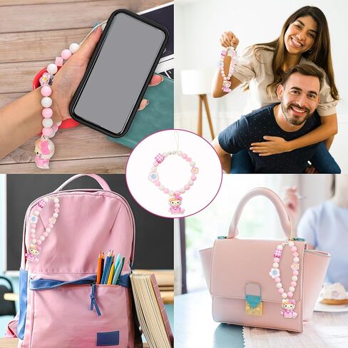 Kumarie Kitty Bead Lanyard Strap - Bead Phone Charms with Kitty Pendant - Hand Wrist Kitty Phone Accessories, Strap Girls Style Fixed Beads Pearl Neck Lanyards in Kuwait