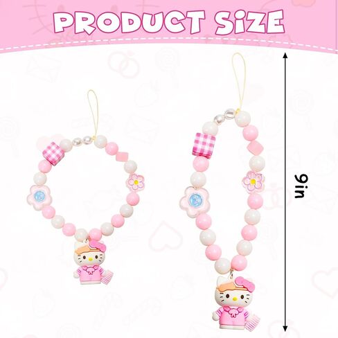 Kumarie Kitty Bead Lanyard Strap - Bead Phone Charms with Kitty Pendant - Hand Wrist Kitty Phone Accessories, Strap Girls Style Fixed Beads Pearl Neck Lanyards in Kuwait