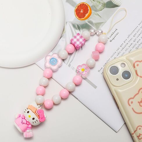Kumarie Kitty Bead Lanyard Strap - Bead Phone Charms with Kitty Pendant - Hand Wrist Kitty Phone Accessories, Strap Girls Style Fixed Beads Pearl Neck Lanyards in Kuwait