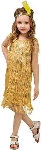ODOLDI 20s Flapper Dresses for Girls Gatsby Tassel Fringe Dress with Feather Headband Kids 1920s Flapper Costume in Kuwait