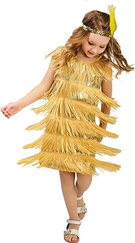 ODOLDI 20s Flapper Dresses for Girls Gatsby Tassel Fringe Dress with Feather Headband Kids 1920s Flapper Costume in Kuwait