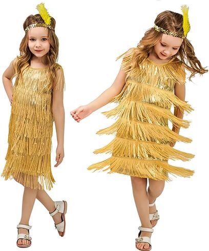 ODOLDI 20s Flapper Dresses for Girls Gatsby Tassel Fringe Dress with Feather Headband Kids 1920s Flapper Costume in Kuwait