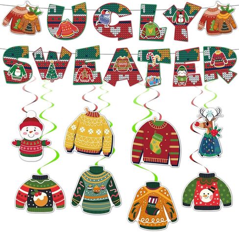 لافتة سترة قبيحة ودوامات معلقة لافتة حفلة عيد الميلاد القبيحة لديكورات حفلات السترة القبيحة، أحمر أخضر على وشك الحصول على لوازم حفلات عيد الميلاد القبيحة in Kuwait