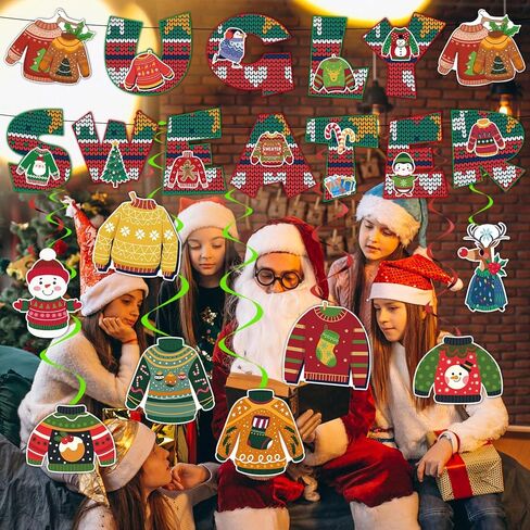 لافتة سترة قبيحة ودوامات معلقة لافتة حفلة عيد الميلاد القبيحة لديكورات حفلات السترة القبيحة، أحمر أخضر على وشك الحصول على لوازم حفلات عيد الميلاد القبيحة in Kuwait