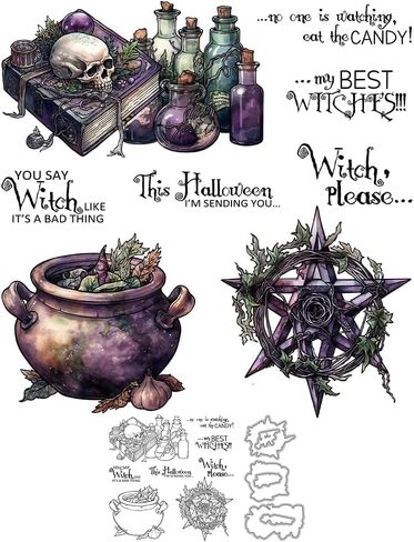 مجموعة طوابع شفافة على شكل جمجمة سحرية كيميائية وساحرة عيد الهالوين السعيدة وقطع معدنية مع صندوق مغلف بلاستيكي لصنع البطاقات DIY ديكور الهالوين وبطاقات الألبومات ومستلزمات سجل القصاصات in Kuwait