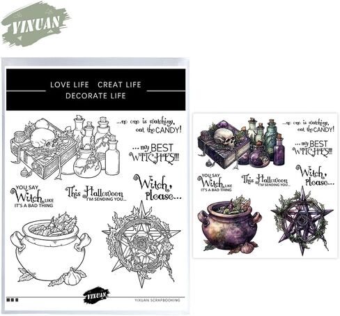 مجموعة طوابع شفافة على شكل جمجمة سحرية كيميائية وساحرة عيد الهالوين السعيدة وقطع معدنية مع صندوق مغلف بلاستيكي لصنع البطاقات DIY ديكور الهالوين وبطاقات الألبومات ومستلزمات سجل القصاصات in Kuwait