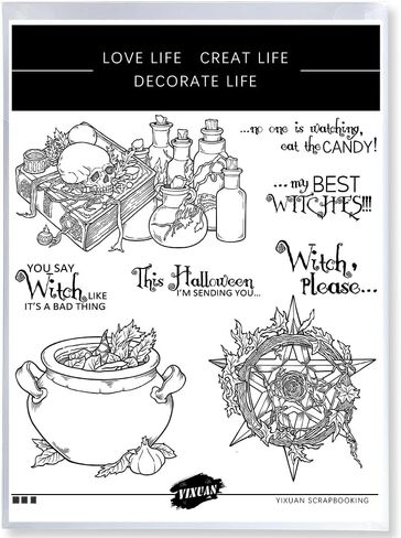 مجموعة طوابع شفافة على شكل جمجمة سحرية كيميائية وساحرة عيد الهالوين السعيدة وقطع معدنية مع صندوق مغلف بلاستيكي لصنع البطاقات DIY ديكور الهالوين وبطاقات الألبومات ومستلزمات سجل القصاصات in Kuwait