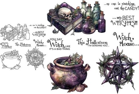 مجموعة طوابع شفافة على شكل جمجمة سحرية كيميائية وساحرة عيد الهالوين السعيدة وقطع معدنية مع صندوق مغلف بلاستيكي لصنع البطاقات DIY ديكور الهالوين وبطاقات الألبومات ومستلزمات سجل القصاصات in Kuwait