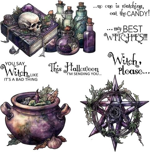 مجموعة طوابع شفافة على شكل جمجمة سحرية كيميائية وساحرة عيد الهالوين السعيدة وقطع معدنية مع صندوق مغلف بلاستيكي لصنع البطاقات DIY ديكور الهالوين وبطاقات الألبومات ومستلزمات سجل القصاصات in Kuwait