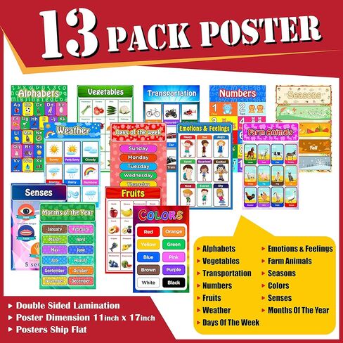STEM APPROVED Educational Posters for Toddlers , Pack of 13 Large Laminated (11 X 17) Bulletin Board School Supplies Educational Preschool Posters Learning Classroom Posters for Homeschool and Kindergarten I Alphabet Posters Numbers Colors Senses Emotion  in Kuwait
