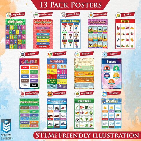 STEM APPROVED Educational Posters for Toddlers , Pack of 13 Large Laminated (11 X 17) Bulletin Board School Supplies Educational Preschool Posters Learning Classroom Posters for Homeschool and Kindergarten I Alphabet Posters Numbers Colors Senses Emotion  in Kuwait