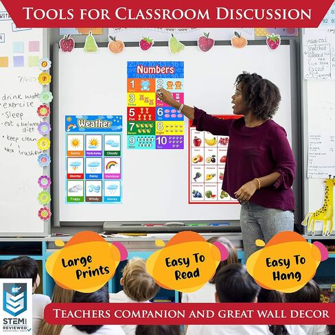 STEM APPROVED Educational Posters for Toddlers , Pack of 13 Large Laminated (11 X 17) Bulletin Board School Supplies Educational Preschool Posters Learning Classroom Posters for Homeschool and Kindergarten I Alphabet Posters Numbers Colors Senses Emotion  in Kuwait