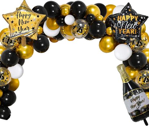 مجموعة لوازم تزيين حفلات رأس السنة الجديدة 2023 مع 87 قطعة من بالونات السنة الجديدة اكليل قوس اكليل خلفية هابي نيو يير لافتة مفرش طاولة زينة لحفلات رأس السنة الجديدة in Kuwait