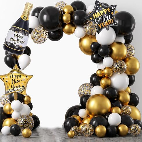مجموعة لوازم تزيين حفلات رأس السنة الجديدة 2023 مع 87 قطعة من بالونات السنة الجديدة اكليل قوس اكليل خلفية هابي نيو يير لافتة مفرش طاولة زينة لحفلات رأس السنة الجديدة in Kuwait